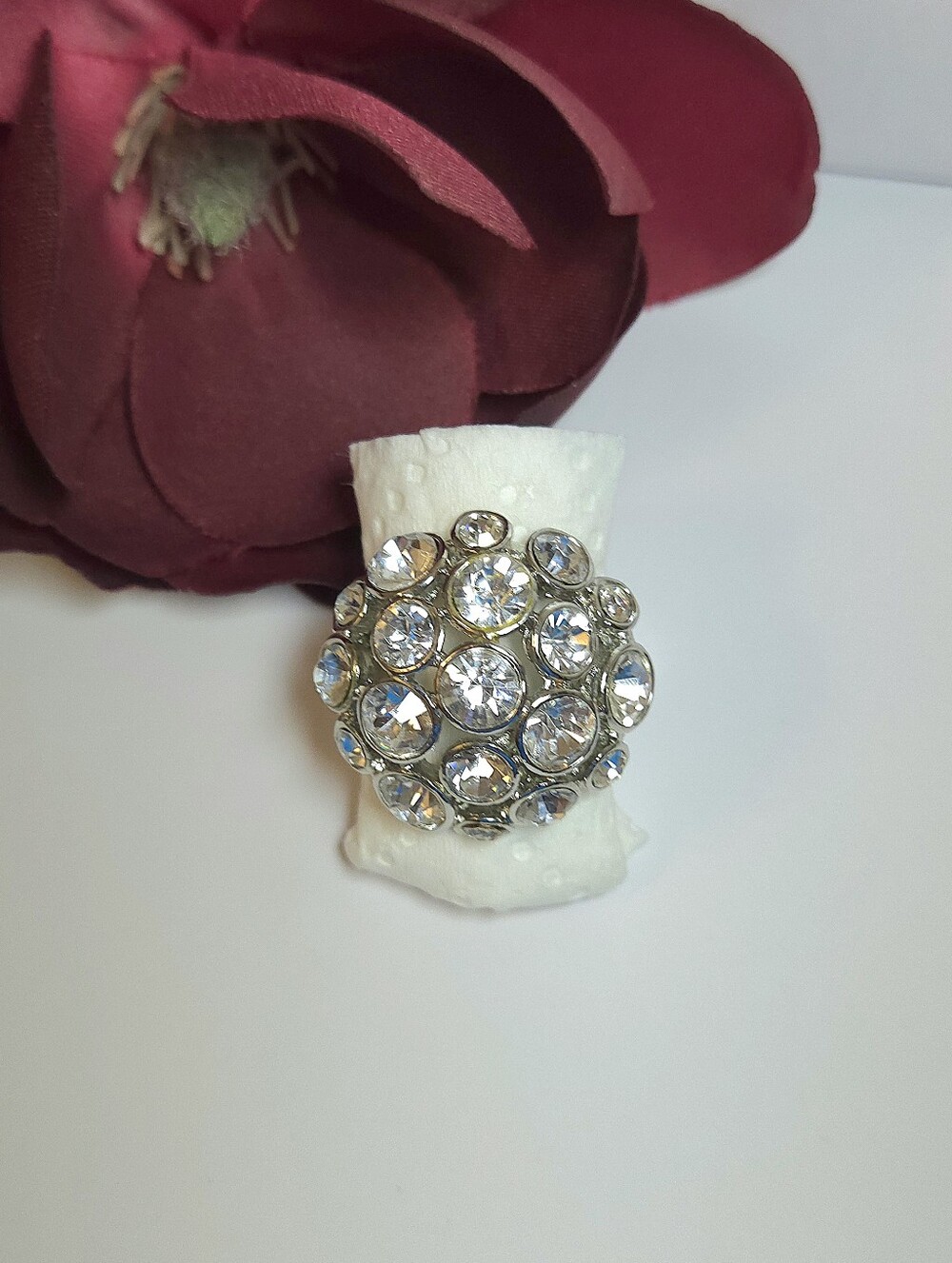 Silver Plated Crystal Cocktail Ring Size 7 Statement Ring